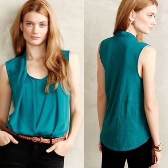 Deletta Anthropologie Teal Rivulet Draped Front Sleeve Blouse Medium - Picture 1 of 4